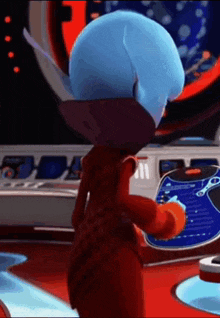 a cartoon character with blue hair is standing in front of a screen .