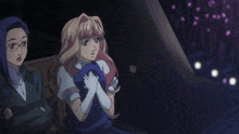 a group of anime girls are sitting in a dark room with a teddy bear flying in the background