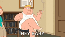 peter griffin from family guy is sitting in a chair smoking a cigarette and saying hey baby .