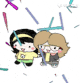 a couple of cartoon characters standing next to each other surrounded by colorful sticks .