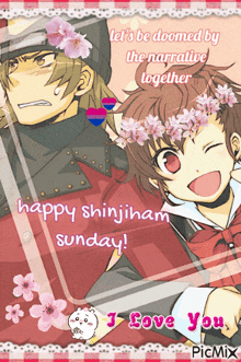 a happy shinjiham sunday greeting with a couple of anime characters