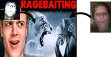 a poster for ragebaiting with a picture of a man and a monkey