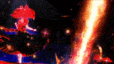 a computer generated image of a person in a red dress surrounded by flames