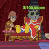 a cartoon of a cat sitting on a throne with a $ 10,000,000 sign above him