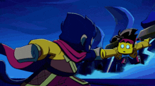 a cartoon character with a yellow face is holding another character