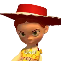 jessie from toy story is wearing a red hat and says great
