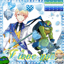 a picture of a teenage mutant ninja turtle and a boy with the words i love you written on it