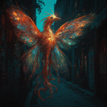a painting of a bird with wings spread against a dark background