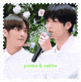a picture of two young men holding microphones with the words ponko & xelito on the bottom