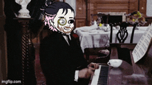 a man in a suit and tie is playing a piano in a room ..