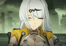 a cartoon character with white hair and a yellow jacket is smiling