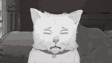 a drawing of a white cat with a pink collar and a gold tag on its neck