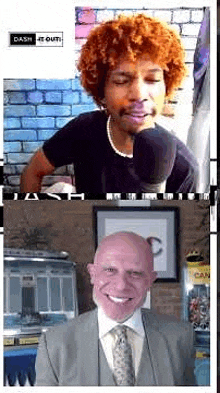 a man with red hair is talking into a microphone and a bald man is smiling .