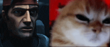 a close up of a person 's face next to a close up of a cat 's face