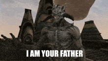 a video game character says i am your father in front of some buildings