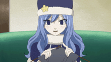 a girl with blue hair wearing a hat with a yellow flower on it