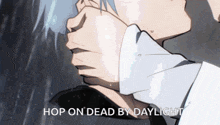 a picture of a person with the words hop on dead by daylight written on it