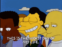 a group of cartoon characters are standing next to each other with one saying " this is the worst day of my life "