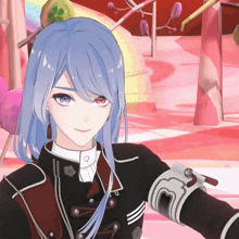 a girl with long blue hair is wearing a black jacket