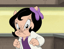 a cartoon pig with a purple bow on her head
