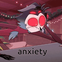 a cartoon character with red eyes and the word anxiety behind him