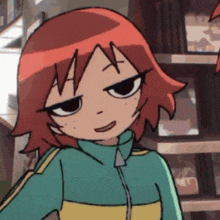 a close up of a cartoon character with red hair and a green jacket