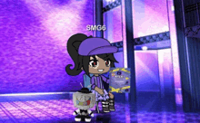 a girl in a purple hat is standing next to a robot with the name smg6 on it