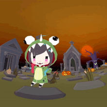 a cartoon character is standing in a cemetery with pumpkins and trees