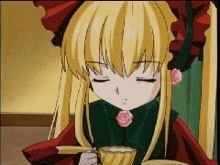 a cartoon girl with blonde hair is holding a cup of coffee