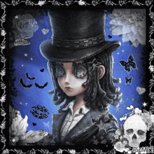 a picture of a girl with a top hat and a skull