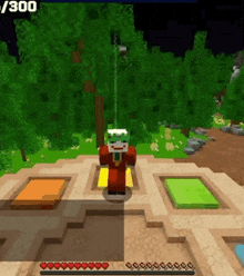 a cartoon character is standing in a maze in a video game with trees in the background .