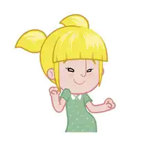 a cartoon girl with blonde hair is wearing a green dress with white polka dots