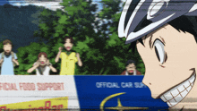 a man wearing a helmet stands in front of a sign that says " food support "