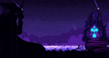 a pixel art of a man holding a gun in front of a purple sky with shooting stars