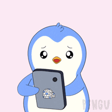a penguin is holding a cell phone with messages on it and says please reply