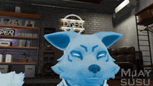 a 3d rendering of a dog with a diner sign in the background