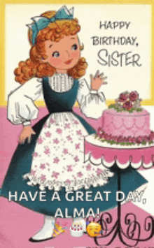 a happy birthday card for a sister with a doll holding a cake