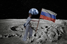 a man holds a russian flag on the moon