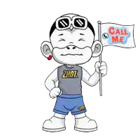 a cartoon character holding a flag that says call me on it