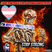 a skeleton holding a sign that says " i 'm really proud of you stay strong "