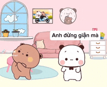a cartoon of two bears sitting in a living room with a clock that says i love u