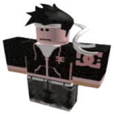 a roblox character is wearing a black jacket with a dc logo on it and a white shirt .