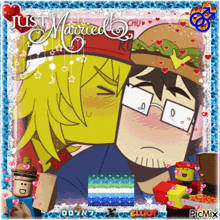 a picture of a man kissing another man with the words just married written on the bottom