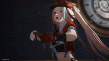 a girl with long white hair is dancing in front of a large clock .