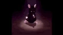 a cartoon mouse is standing in a dark room with a spotlight on it .