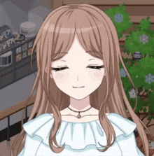 a girl with long brown hair is wearing a white shirt and a necklace .