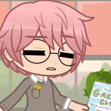 a cartoon character with pink hair is holding a book that says " the gate " on it