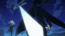 a blue sky with a few clouds and a person holding a sword