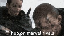 two men standing next to each other with the words hop on marvel rivals on the bottom