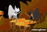 a cartoon of a white angel and a black demon fighting with swords